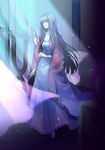  black_hair collarbone gundam gundam_00 light_rays long_hair long_skirt long_sleeves looking_afar marina_ismail night shu_karaka skirt solo standing very_long_hair window 