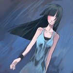  bangs bare_shoulders black_hair blunt_bangs collarbone copyright_request dress dutch_angle hair_over_eyes no_eyes rain signature smile solo tears wet wind wristband 