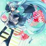  aqua_eyes aqua_hair bad_id bad_pixiv_id beamed_eighth_notes detached_sleeves flower hanepochi hatsune_miku long_hair musical_note necktie skirt solo thighhighs twintails very_long_hair vocaloid 