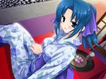  blue_eyes blue_hair blush cup dango food game_cg green_tea japanese_clothes kimono long_hair mutsumi_masato non-web_source ponytail sanshoku_dango senagawa_satsuki sitting tea tray wagashi yokubari_saboten yukata yunomi 