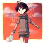  americana_(the_offspring) antenna_hair bad_id bad_pixiv_id bag black_hair blue_eyes cloud hood hoodie idolmaster idolmaster_(classic) idolmaster_1 kikuchi_makoto lyrics parody scarf short_hair shorts sky solo sunset the_offspring tougyuu_yukio translated 