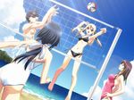  3girls barefoot beach beach_volleyball bikini black_hair blonde_hair brown_eyes brown_hair cloud day dutch_angle game_cg ieuji_kazuno jumping legs lens_flare long_hair miyatsuji_shizuru multiple_girls murakami_suigun navel non-web_source oriyama_nayuri outdoors ponytail side-tie_bikini silvery_white sky sunlight swimsuit volleyball 