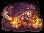  apupu bat_wings candle demon_tail elbow_gloves fingerless_gloves gloves halloween hat jack-o'-lantern long_hair lying original pink_eyes pointy_ears pumpkin solo strap_slip tail umbrella white_hair wings witch witch_hat 