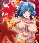  antenna_hair aqua_eyes autumn blue_hair blurry breasts copyright_request depth_of_field large_breasts leaf shiki_(psychedelic_g2) short_hair sleeveless sleeveless_turtleneck smile sweater turtleneck 