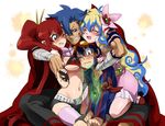  2girls abitu between_breasts blue_hair blush breasts drill goggles goggles_on_head grin happy head_between_breasts hug kamina large_breasts multiple_boys multiple_girls nia_teppelin one_eye_closed red_hair simon smile tengen_toppa_gurren_lagann thighhighs time_paradox yoko_littner 