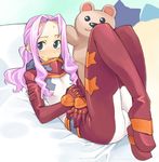  bed bodysuit darry_adai open_mouth red_bodysuit shigehiro_(hiroi_heya) solo stuffed_animal stuffed_toy sweatdrop teddy_bear tengen_toppa_gurren_lagann white_bodysuit 