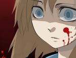  artist_request blood blood_on_face blood_splatter blue_eyes brown_hair close-up crazy_eyes higurashi_no_naku_koro_ni ryuuguu_rena solo 