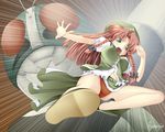  braid breasts china_dress chinese_clothes covered_nipples crossover dress flying_kick hat hong_meiling iganseijin kamen_rider kamen_rider_1 kicking large_breasts long_hair panties parody ribbon solo touhou twin_braids underwear 