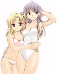  bad_id bad_pixiv_id bikini blonde_hair blue_eyes clannad genderswap genderswap_(mtf) hug kanae_funwa long_hair multiple_girls okazaki_tomomi one-piece_swimsuit purple_eyes purple_hair short_hair sunohara_youko swimsuit 