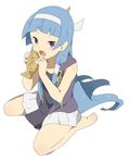  bangs blue_hair blunt_bangs food hair_tubes hayato_(meromoni) kannagi long_hair nagi pleated_skirt skirt solo taiyaki wagashi white_skirt 