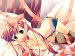  bed copyright_request green_eyes long_hair red_hair ribbon shorts socks solo tama_two_(fukuya) thighhighs topless 