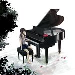  arm_at_side bad_id bad_pixiv_id bare_arms bare_legs barefoot blue_shorts brown_hair closed_eyes flat_chest flower grand_piano hair_over_shoulder instrument long_hair low_twintails messy_hair nagita original outstretched_hand petals piano piano_bench red_flower shirt short_sleeves shorts sitting solo suspenders suspenders_gap toe_scrunch twintails white_background white_shirt 