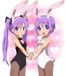  animal_ears bad_id bad_pixiv_id blue_eyes bunny_ears bunnysuit flat_chest hiiragi_kagami hiiragi_tsukasa holding_hands long_hair lucky_star multiple_girls oekaki pantyhose purple_hair short_hair siblings sisters twins twintails ydkw 