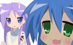  :o artist_request blue_hair blush close-up collar face green_eyes hiiragi_kagami izumi_konata looking_at_viewer lucky_star mole mole_under_eye multiple_girls parted_lips purple_eyes purple_hair sweatdrop 