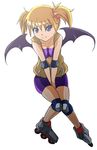  arcana_heart bat_wings between_legs blonde_hair blue_eyes breast_squeeze breasts demon_girl elbow_pads fang hand_between_legs inline_skates knee_pads lilica_felchenerow pointy_ears roller_skates ryu_jin_fifth skates small_breasts solo spandex twintails wings 