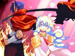  1boy 1girl bandages blonde_hair blue_hair cape flower hair_flower hair_ornament kamina kamina_shades katana long_hair multicolored_hair nia_teppelin pink_background sarashi shigehiro_(hiroi_heya) short_hair smile sword tattoo tengen_toppa_gurren_lagann two-tone_hair weapon 