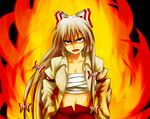  angry bangs fire fujiwara_no_mokou hand_in_pocket looking_up makoto_jon open_clothes open_mouth open_shirt red_eyes ribbon sarashi shirt silver_hair solo touhou 