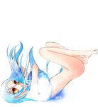  blue_hair bottomless brown_eyes fallen_down feet gundam gundam_00 legs_up long_hair looking_at_viewer lying nude on_back rinko simple_background solo soma_peries toes very_long_hair white_background 