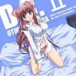  asakura_otome bed blue_eyes blush brown_hair da_capo da_capo_ii dress_shirt kikuchi_tsutomu kneeling long_hair panties shirt solo underwear very_long_hair 