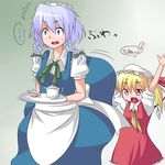  /\/\/\ 2girls :d apron arms_up bad_id bad_pixiv_id blonde_hair blue_eyes bow braid cup dress fang flandre_scarlet hair_bow hat hat_ribbon ibuki_notsu izayoi_sakuya lavender_hair maid_headdress multiple_girls one_side_up open_mouth red_eyes ribbon short_hair skirt skirt_flip smile spoken_ellipsis surprised sweatdrop teacup teapot touhou tray twin_braids wings 