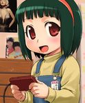  80s bob_cut dark_green_hair famicom game_console green_hair hairband idolmaster idolmaster_(classic) idolmaster_1 marilyn_monroe mole mole_under_mouth non-web_source oldschool otonashi_kotori overalls playing_games red_eyes short_hair smile solo video_game younger 