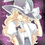  blonde_hair bow braid curiosities_of_lotus_asia frills hair_bow hand_on_headwear hat hat_bow kirisame_marisa long_hair lowres nugaa side_braid single_braid smile solo touhou white_bow witch witch_hat yellow_eyes 