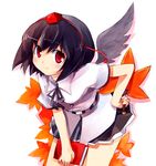  black_hair black_wings blush book fan hand_on_hip hat hauchiwa leaf leaning_forward looking_at_viewer red_eyes sawamura_hikaru shameimaru_aya short_hair skirt smile solo tokin_hat touhou wings 