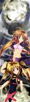  akira_(rx178145) arf belt blonde_hair brown_hair buckle cloud cloudy_sky fate_testarossa green_eyes head_tilt highres light_rays looking_at_viewer lyrical_nanoha mahou_shoujo_lyrical_nanoha multiple_girls red_eyes skin_tight sky 