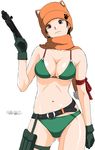  beanie belt bikini breasts brown_hair cleavage copyright_request gloves gun h&amp;k_mp5 hat heckler_&amp;_koch large_breasts red_eyes ryouzou scarf short_hair simple_background smile solo submachine_gun swimsuit weapon 