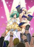  blonde_hair blue_eyes breasts detached_sleeves green_hair kotobuki_utage large_breasts legs long_hair macross macross_frontier medium_breasts microphone midriff multiple_girls navel ranka_lee red_eyes sheryl_nome short_hair thighhighs underboob zettai_ryouiki 