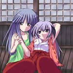  blue_hair furude_rika hakama hanyuu higurashi_no_naku_koro_ni holding_hands horns japanese_clothes jun_(aoerm) miko multiple_girls purple_eyes purple_hair red_hakama 