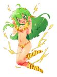  ahoge animal_print bad_id bad_pixiv_id bikini blush body_blush electricity embarrassed fang green_eyes green_hair horns konayama_kata long_hair lum open_mouth solo swimsuit tiger_print urusei_yatsura 