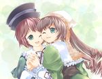  bangs blush brown_hair corset dress drill_hair frills green_dress green_eyes hat holding_hands lolita_fashion long_hair long_sleeves multiple_girls open_mouth ribbon rozen_maiden short_hair siblings sisters souseiseki suiseiseki twin_drills twins twintails very_long_hair yugusa_yuube 