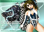  breasts checkered checkered_flag cleavage elbow_gloves flag genderswap genderswap_(mtf) gloves green_eyes green_hair hiyou_jun koizumi_itsuki_(female) leotard long_hair medium_breasts photo_(object) race_queen solo suzumiya_haruhi_no_yuuutsu 