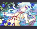  bare_shoulders blue_flower blue_hair blue_rose flower letterboxed looking_at_viewer lying on_back one-eyed original plant purple_eyes rose solo tachitsu_teto tareme thorns vines wallpaper 