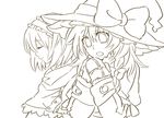  alice_margatroid arata_iri bad_id bad_pixiv_id greyscale hat highres kirisame_marisa lineart monochrome multiple_girls touhou witch_hat 