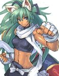  animal_ears blue_eyes cat_ears dark_skin emeralda_(shinrabanshou) fingerless_gloves gloves green_hair long_hair midriff ran'ou_(tamago_no_kimi) scarf shinrabanshou smile solo torn_clothes 