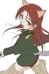  animal_ears back gun long_hair looking_back minna-dietlinde_wilcke misnon_the_great red_hair solo strike_witches tail weapon world_witches_series yellow_eyes 