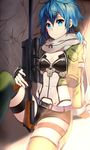  bad_id bad_pixiv_id black_joa blue_eyes blue_hair fingerless_gloves gloves gun highres pgm_hecate_ii rifle short_hair short_shorts shorts sinon sniper_rifle solo sword_art_online twintails weapon 