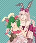  animal_ears bad_id bad_pixiv_id bare_shoulders blue_eyes bow bunny_ears bunnysuit gloves green_hair hair_bow hug hug_from_behind ing._(836835) macross macross_frontier multiple_girls one_eye_closed pink_hair purple_legwear ranka_lee red_eyes see-through sheryl_nome striped striped_background surprised thighhighs 