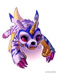  blue_fur digimon falvie fangs fur gabumon horn orange_skin plain_background purple_claws red_eyes teeth white_background white_fur 