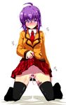  ahoge black_legwear blazer blush colored_pubic_hair cum cumdrip heart heart-shaped_pupils jacket jikkyou_powerful_pro_yakyuu kaname_nagi looking_at_viewer necktie no_panties plaid plaid_skirt pubic_hair purple_eyes purple_hair pussy_juice rokudou_hijiri school_uniform simple_background skirt skirt_lift solo symbol-shaped_pupils thighhighs trembling vibrator white_background 