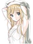  :o armpits arms_up blonde_hair blue_eyes blush copyright_request kirisawa_saki long_hair simple_background solo undressing white_background 