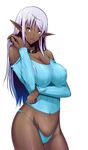  breast_hold breasts camisole cleavage collar covered_nipples dark_elf dark_skin earrings elf highres jewelry large_breasts lavender_hair lips long_hair looking_at_viewer navel no_pants orange_eyes original panties pointy_ears smile solo taru_neko underwear white_background 