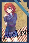  ame_yamori blazer bow bowtie copyright_name hair_bow hair_twirling jacket long_hair long_sleeves looking_at_viewer love_live! love_live!_school_idol_project minami_kotori multiple_girls nishikino_maki otonokizaka_school_uniform pleated_skirt purple_eyes red_hair school_uniform short_hair skirt 