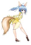 absurdres animal_ears ass blue_eyes blue_hair blush bodysuit dog_ears elbow_gloves elin_(tera) fish20107 from_behind gloves high_heels highres leotard long_hair looking_back ponytail shoes solo tail tera_online yellow_leotard 