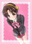  asahi_(ge_nyu) bad_id bad_pixiv_id blush bow brown_eyes brown_hair crossdressing hairband little_busters! male_focus naoe_riki otoko_no_ko pink_bow plaid plaid_skirt school_uniform short_hair skirt 