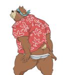  back_turned bear biceps blush brown_fur butt chubby clothing fur grizzly_bear kenji kenji_mikazuki looking_at_viewer looking_back male mammal mooning morenatsu shirt solo undressing unknown_artist 