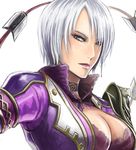  blush breasts cleavage hair_over_one_eye isabella_valentine jacket lips lipstick makeup medium_breasts nyaasora purple_lipstick short_hair solo soulcalibur soulcalibur_v upper_body whip_sword white_hair 