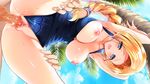  1girl areolae beach bent_over bianca blonde_hair blue_eyes blush breasts cleavage clothed_sex cloud clouds dragon_quest dragon_quest_v earrings from_behind hanging_breasts jewelry large_breasts long_hair nipples open_mouth palm_tree penis pussy school_swimsuit sex sky swimsuit tree uncensored vaginal 